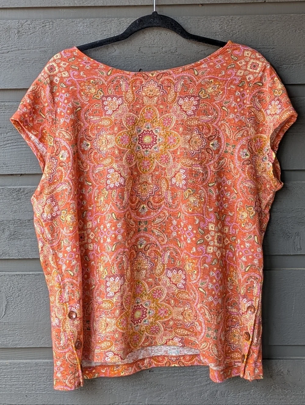 Joie 100% Linen Paisley Print Top Side Wooden Button Detail Size XL Orange